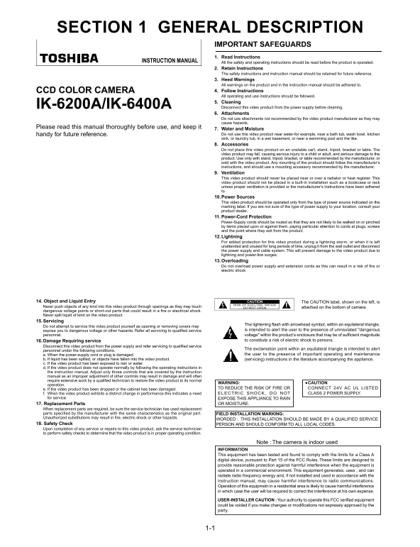 Toshiba IK-6200A IK-6400A User's Manual - Page 1