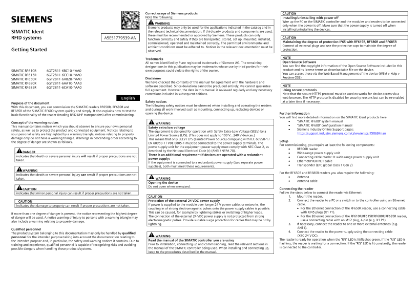 Siemens Industrial SIMATIC Ident RFID System SIMATIC RF600 SIMATIC Ident RFID System SIMATIC RF600 User Manual - Page 1