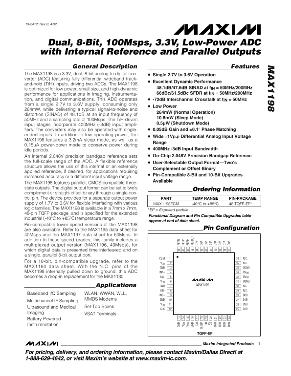 MAXIM MAX1198 Dual 8-bit 100Msps 3.3V Low-Power ADC with Internal Reference and Parallel Outputs - Page 1