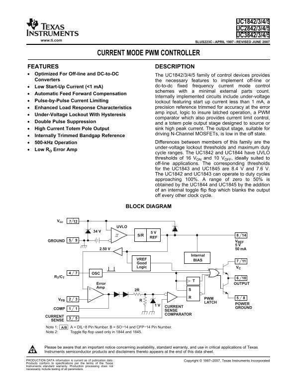 TI UC1842 3 4 5 UC2842 3 4 5 UC3842 3 4 5 CURRENT MODE PWM CONTROLLER Data Manual - Page 1