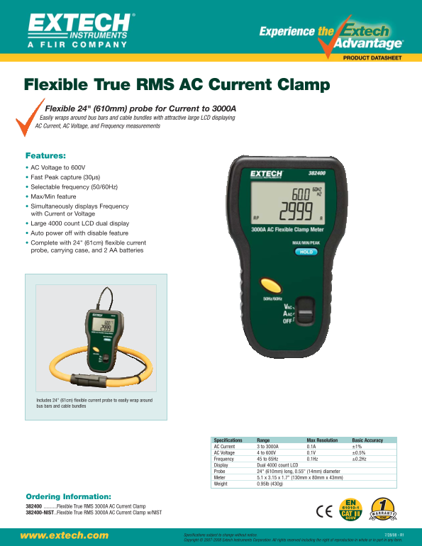 EXTECH Flexible True RMS AC Current Clamp 382400 User's Guide - Specifications - Page 1