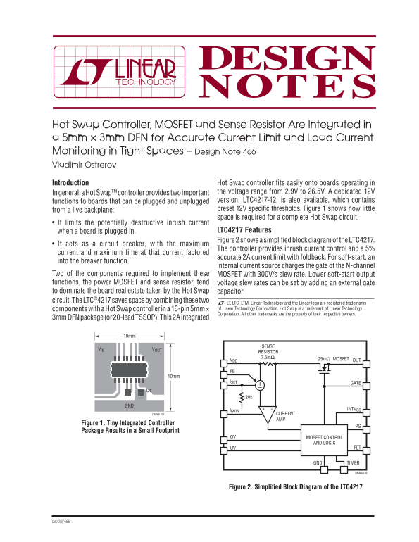 LINEAR Hot Swap Controller with Integrated MOSFETs and Sensing Resistors - 5mm x 3mm DFN for Accurate Current Limiting and Load Current Monitoring in Tight Spaces - Design Note 466 - Page 1