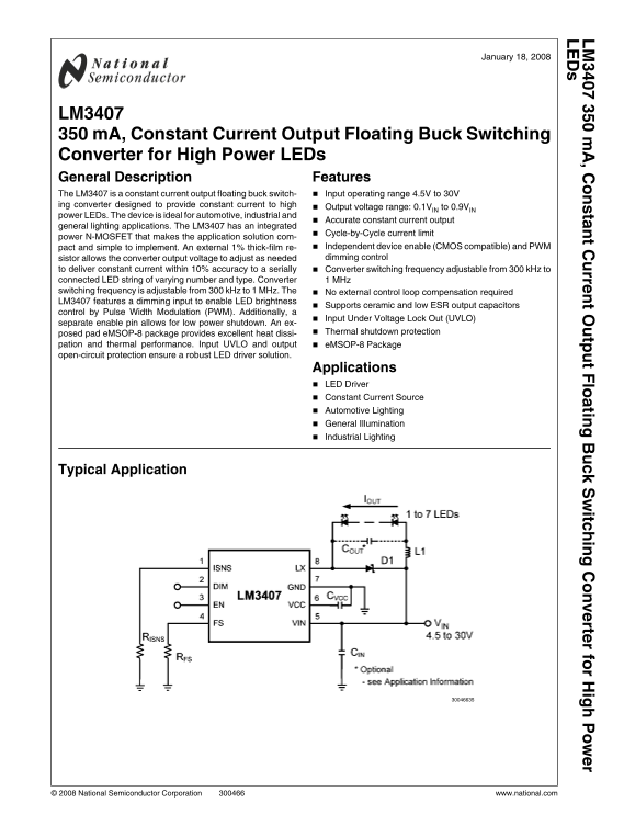 National Semiconductor LM3407 350mA Constant Current Output Floating Buck Switching Converter for High Power LEDs Data Manual - Page 1