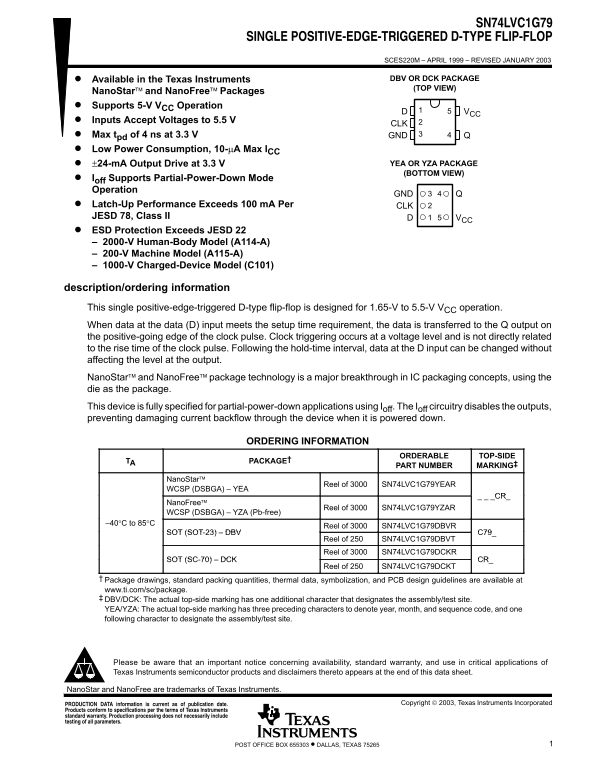 Texas Instruments SN74LVC1G79 Single Positive-Edge-Triggered D-Type Flip-Flop Owner's Manual - Page 1