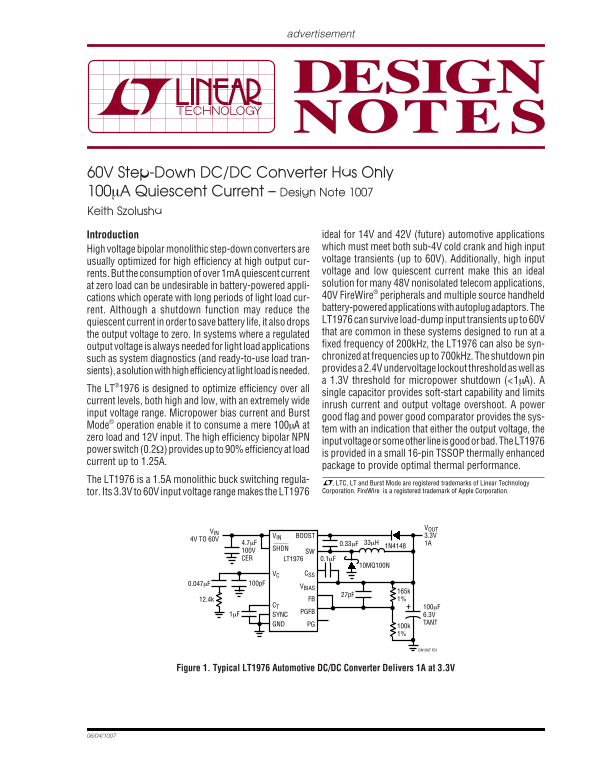 LINEAR 60V Step-Down DC DC Converter with Minimal 100µA Quiescent Current - Design Note 1007 - Page 1