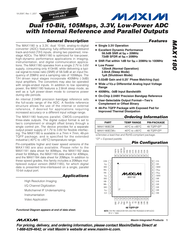 MAXIM MAX1180 Dual 10-Bit, 105Msps, 3.3V, Low-Power ADC with Internal Reference and Parallel Outputs Data Sheet Manual User Guide - Page 1