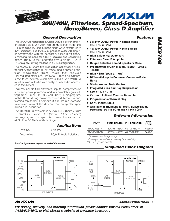 MAXIM MAX9708 20W 40W, Filterless, Spread-Spectrum, MonoStereo, Class-D Amplifier Data Sheet User Manual - Page 1