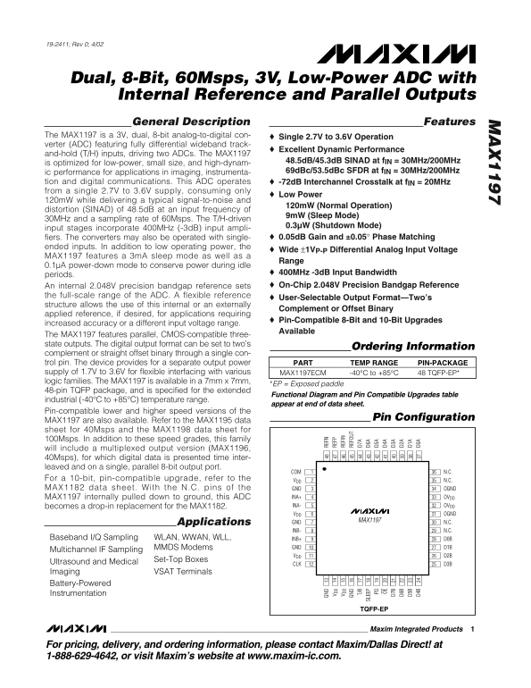 MAXIM MAX1197 Dual, 8-Bit, 60Msps, 3V, Low-Power ADC with Internal Reference and Parallel Outputs - Page 1