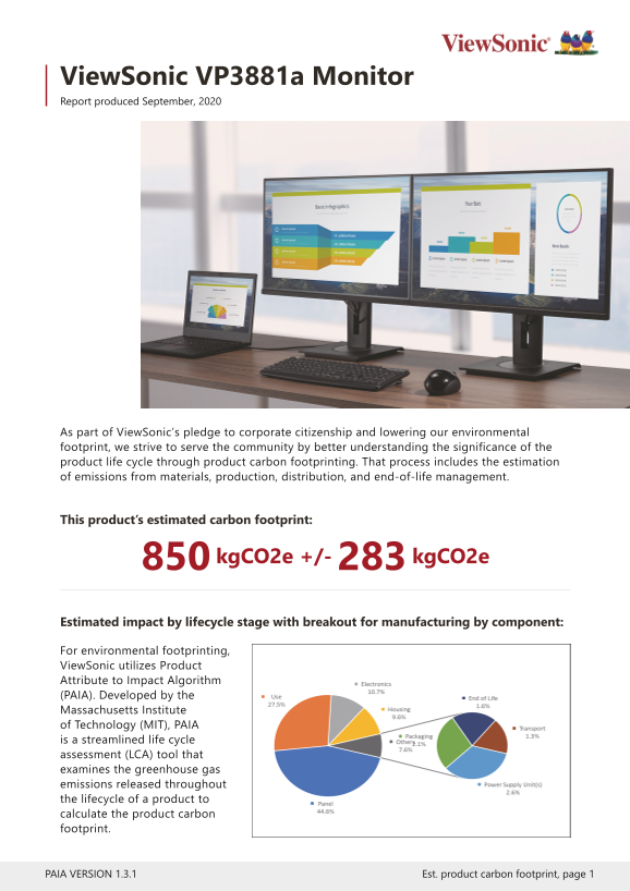ViewSonic VP3881A Photography Series Display User Guide Carbon Footprint Report - Page 1