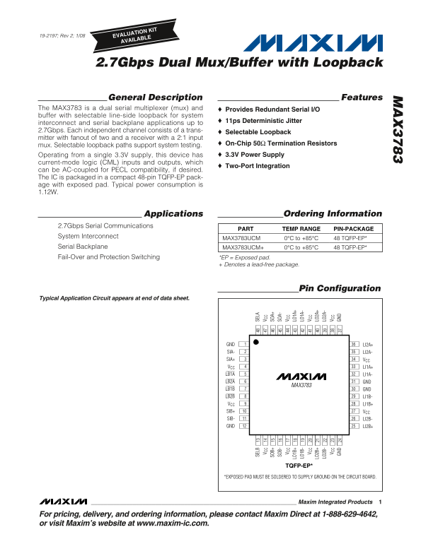 MAXIM MAX3783 2.7Gbps Dual MUX Buffer with Loopback Data Sheet User Manual - Page 1