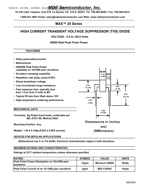 MAXIM MAX 20 Series HIGH CURRENT TRANSIENT VOLTAGE SUPPRESSOR (TVS) DIODE VOLTAGE - 5.0 to 150.0 Volts, 20,000 Watt Peak Pulse Power - Page 1