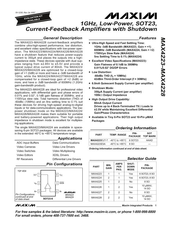 MAXIM MAX4223–MAX4228 1GHz, Low-Power, SOT23, Current-Feedback Amplifiers with Shutdown Data Sheet User Manual - Page 1