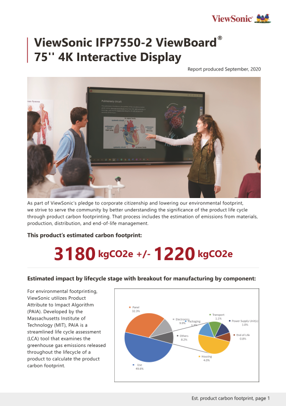 ViewSonic IFP7550-2 Electronic Whiteboard Series User Guide Carbon Footprint Report Owner's Manual - Page 1