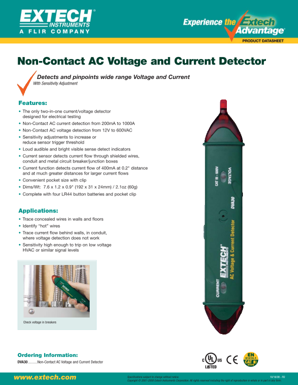 EXTECH Non-Contact AC Voltage and Current Detector DVA30 User Guide and Manual - Page 1