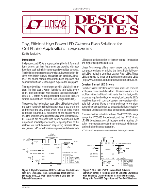 LINEAR High Power LED Camera Flash Solutions for Tiny, Efficient Cell Phone Applications – Design Note 1009 Keith Szolusha Quick User Guide and Owner's Manual - Page 1