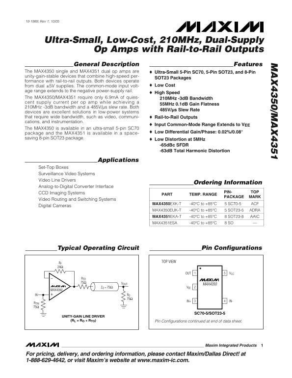 MAXIM MAX4350 MAX4351 Ultra-Small, Low-Cost, 210MHz, Dual- Supply Op Amps with Rail-to-Rail Outputs - Page 1