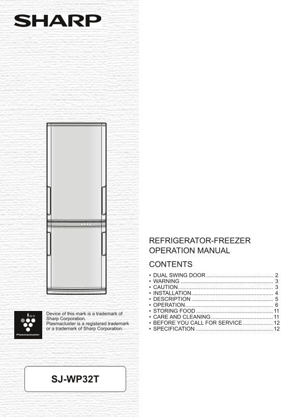 SHARP SJ-WP32T Refrigerator-Freezer User's Manual and Specifications - Page 1