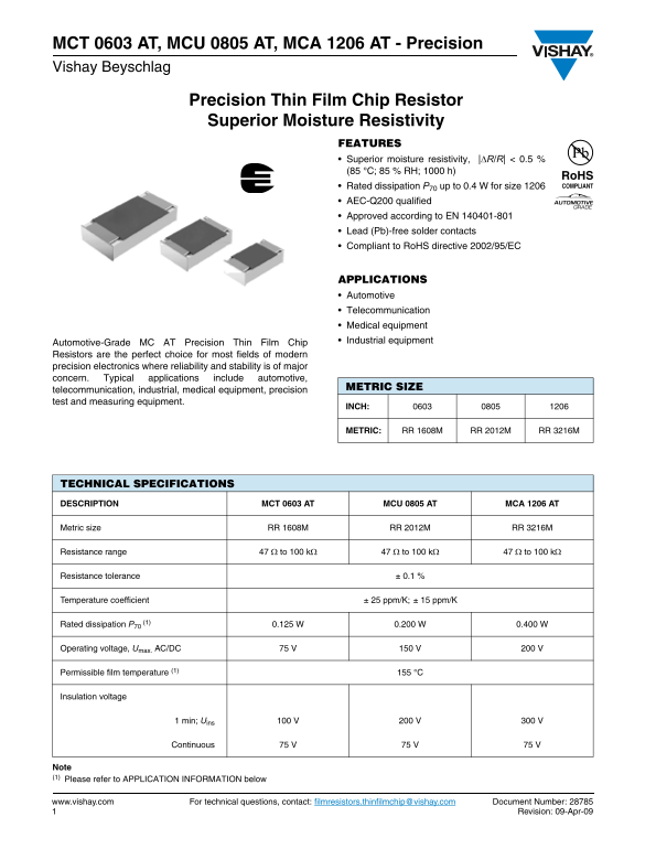 Vishay MCT 0603 AT, MCU 0805 AT, MCA 1206 AT - Precision Owner's Manual - Page 1