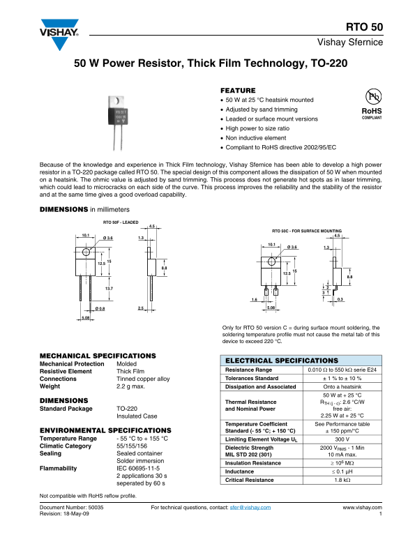 Vishay SFernice RTO 50 User Guide - Page 1