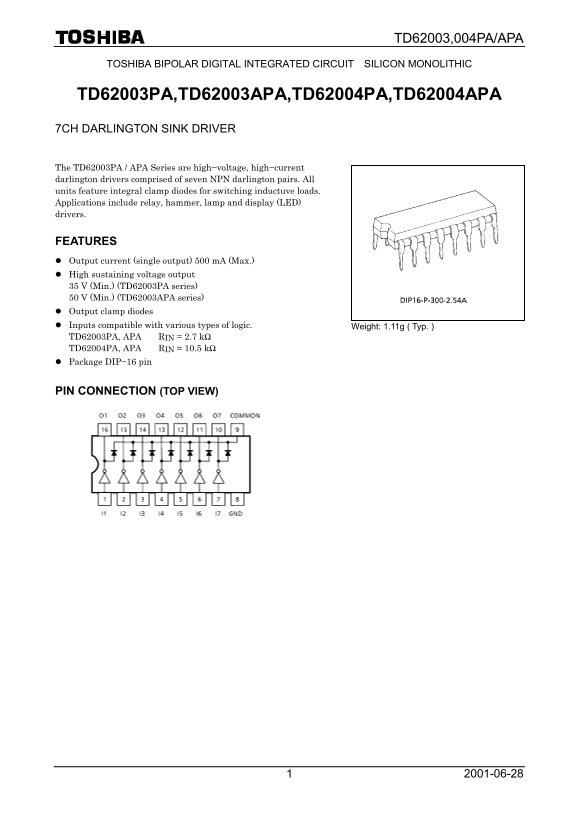 TOSHIBA TD62003,004PA APA Data Manual - Page 1