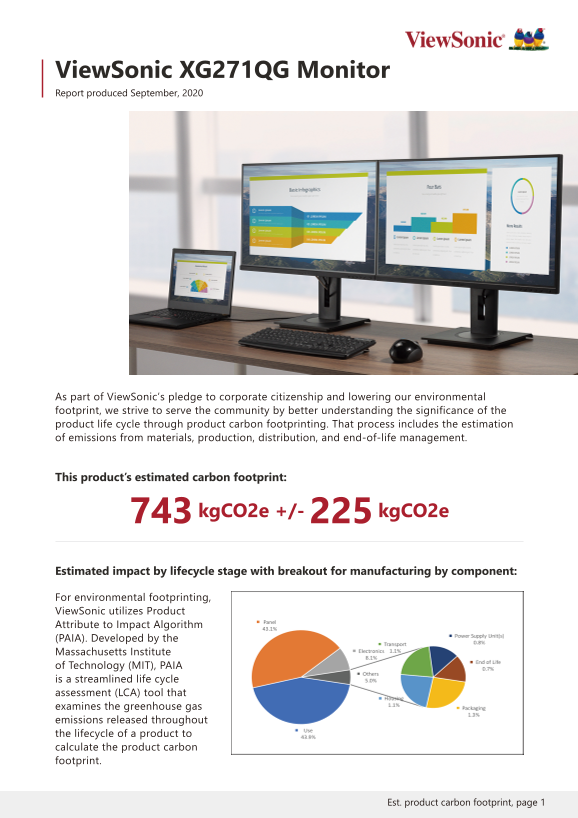 ViewSonic XG271QG Gaming Monitor User Guide Carbon Footprint Report Owner's Manual - Page 1