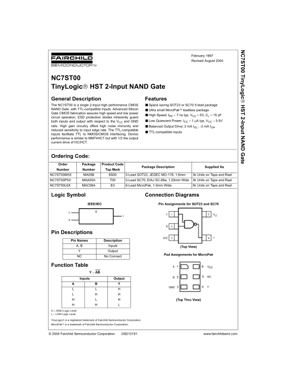 Fairchild NC7ST00 TinyLogic HST 2-Input NAND Gate Data Manual - Page 1