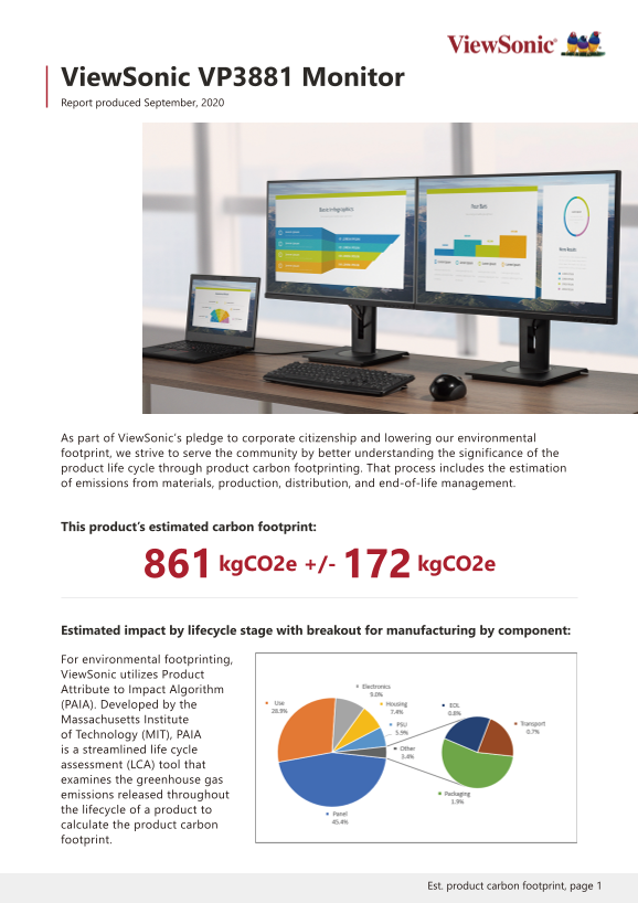 ViewSonic VP3881 Monitor Photography Series Carbon Footprint Report User Guide and Manual - Page 1