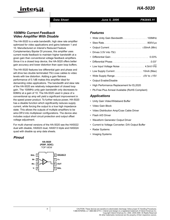 INTERSIL HA-5020 100MHz Current Feedback Video Amplifier With Disable - Data Manual - Page 1
