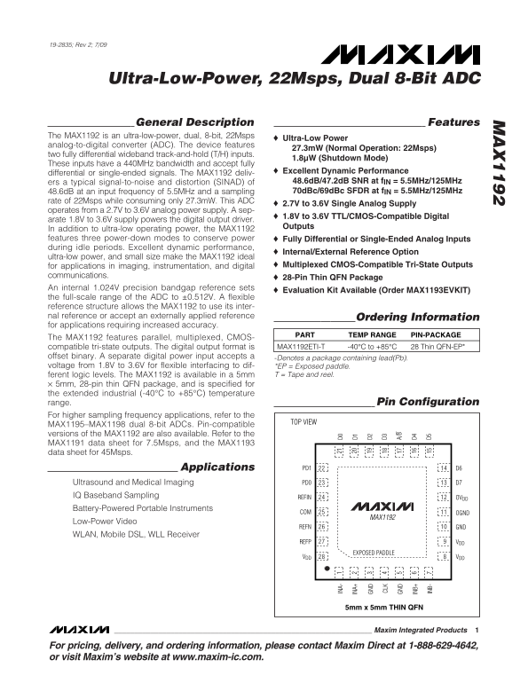 MAXIM MAX1192 Ultra- Low-Power, 22Msps, Dual 8-Bit ADC User's Manual - Page 1