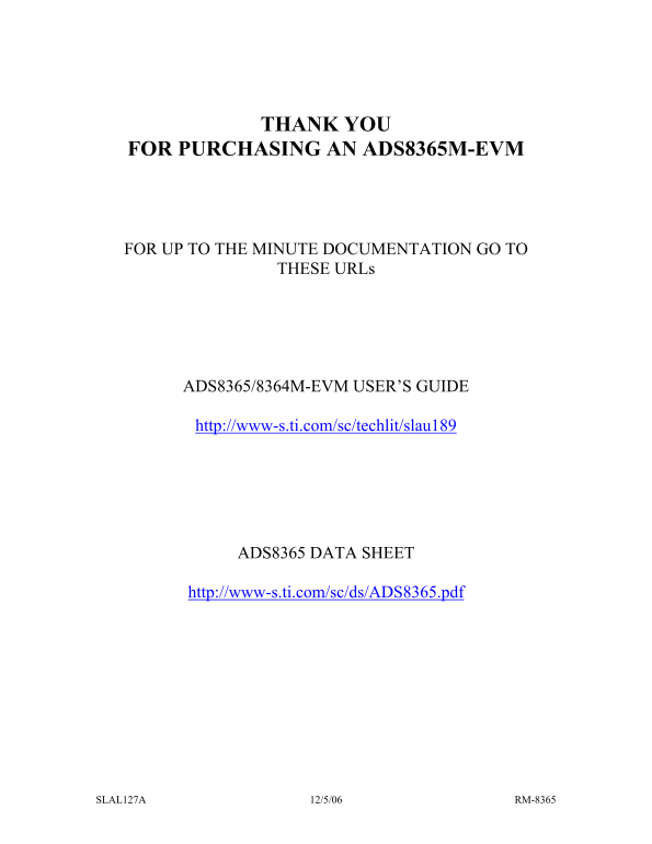 Texas Instruments-ADS8365EVM-Readme-Page-Thank-You-Letter - Page 1