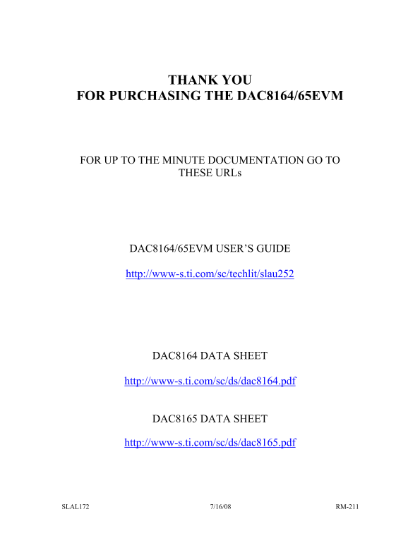 Texas Instruments-DAC8564-65EVM Readme Page Thank You Letter - Page 1