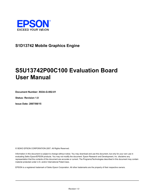 EPSON S1D13742 Mobile Graphics Engine S5U13742P00C100 Evaluation Board User Manual - Page 1