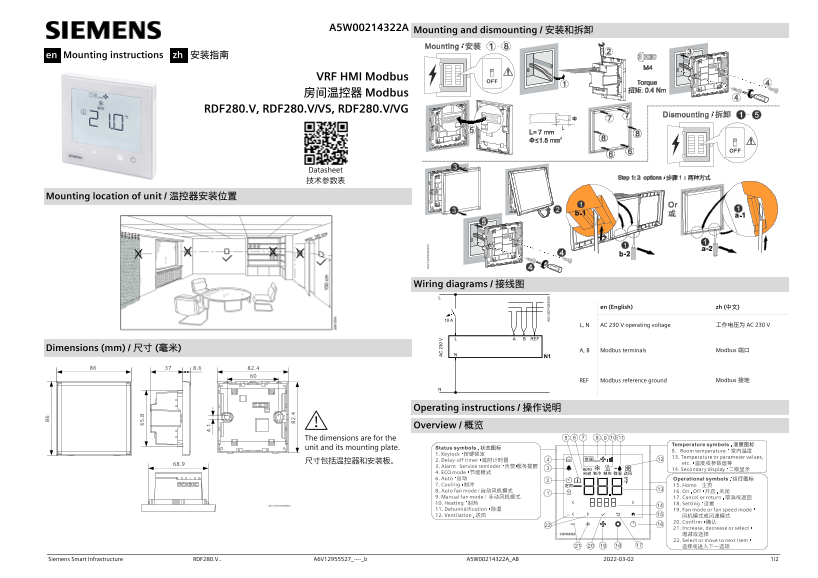 Mounting instructions for Siemens RDF280.V, RDF280.V VS, RDF280.V VG - Page 1