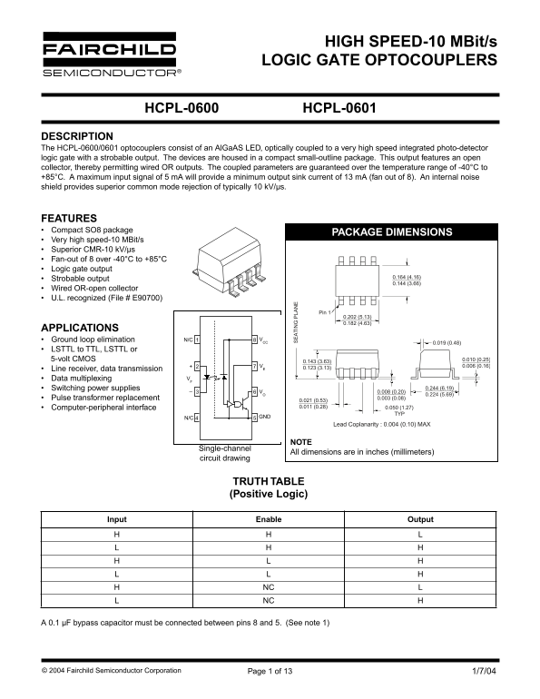 Dell FAIRCHILD HCPL-0600 High Speed Logic Gate Optocouplers Data Handbook - Page 1