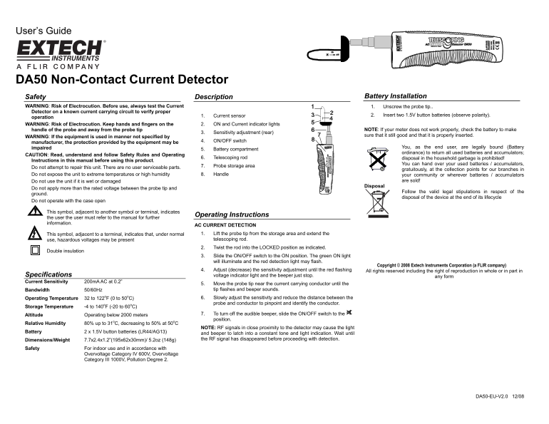 EXTECH DA50 Non-Contact Current Detector Data Sheet User Guide - Page 1