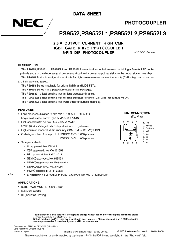 NEC Photocoupler PS9552, PS9552L1, PS9552L2, PS9552L3 2.5A Output Current, High CMR IGBT Gate Drive Photocoupler 8-Pin Dip Photocoupler Data Manual/Specifications - Page 1
