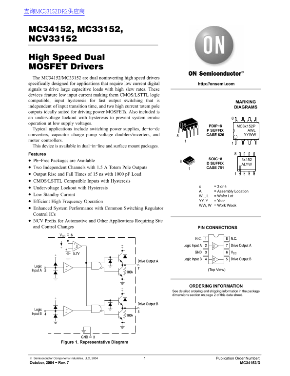 ON MC34152, MC33152, NCV33152 High-Speed Dual MOSFET Drivers Data Manual - Page 1