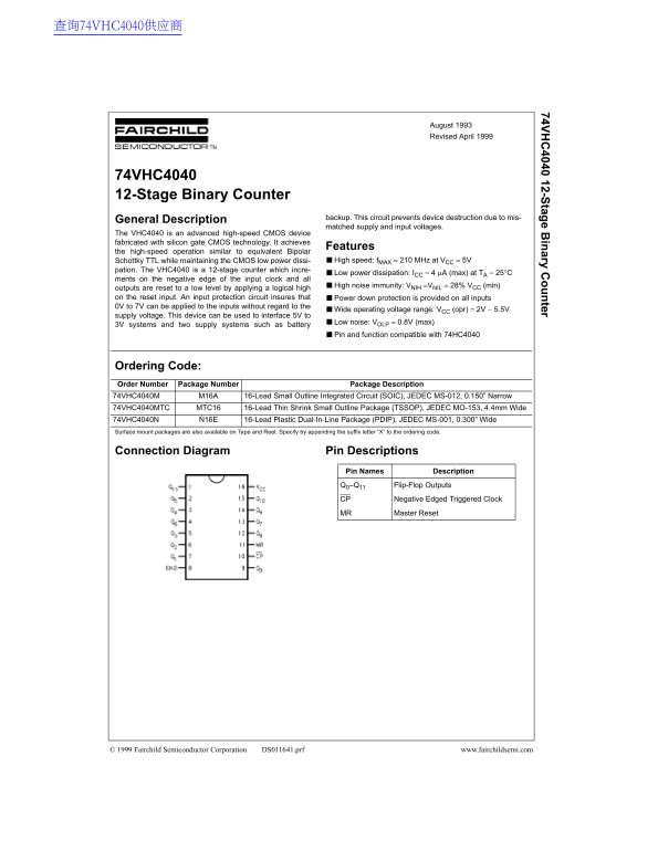 Fairchild 74VHC4040 12-Stage Binary Counter Data Handbook - Page 1