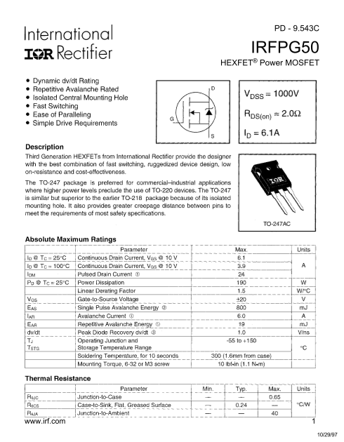 Vishay PD - 9.543C IRFPG50 HEXFET Power MOSFET User Manual and Specifications - Page 1