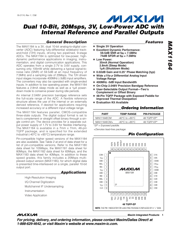 MAXIM MAX1184 Dual 10-Bit, 20Msps, 3V, Low- Power ADC with Internal Reference and Parallel Outputs Data Sheet User Manual - Page 1