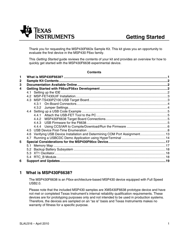 Texas Instruments Getting Started with the MSP430F663x Sample Kit User's Manual - Page 1