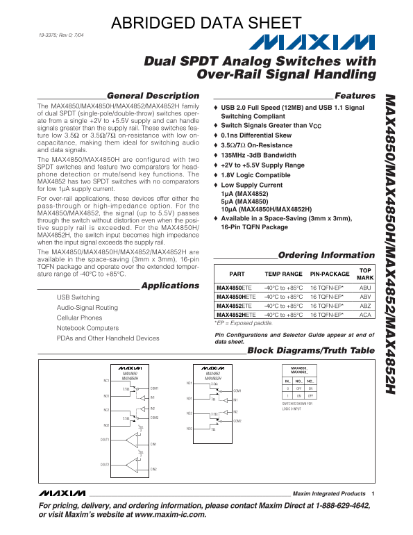 MAXIM MAX4850 MAX4850H MAX4852 MAX4852H Dual SPDT Analog Switches with Over-Rail Signal Handling - Page 1