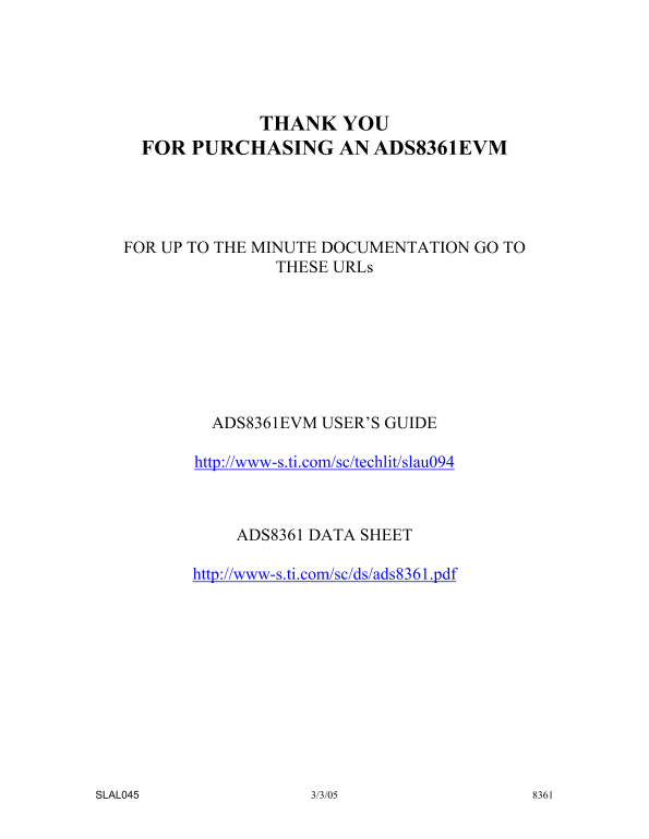 Texas Instruments-ADS8361EVM-Readme Page - Thank You Letter - Page 1