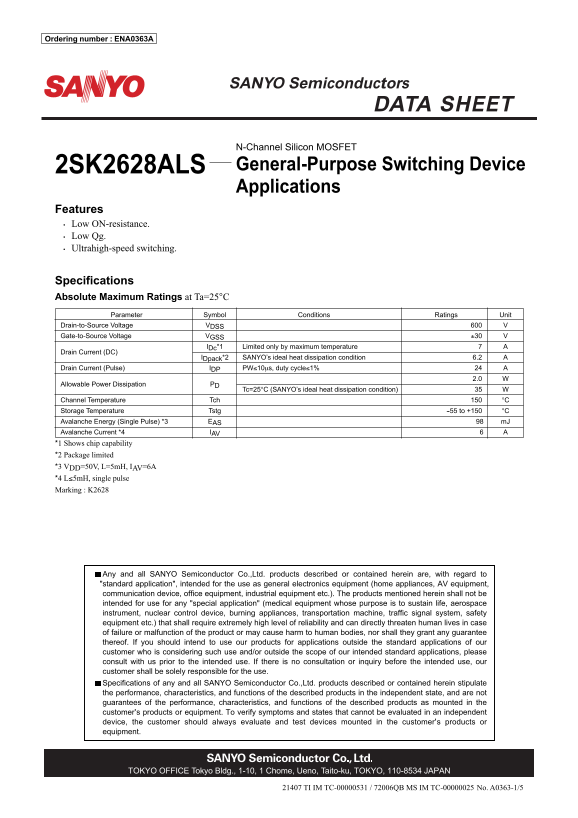 SANYO 2SK2628ALS Handbook(1) - Page 1