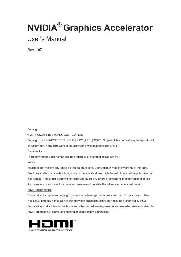 Gigabyte Graphics Card P104-100 4GB User Manual English (Version 107) - Page 1