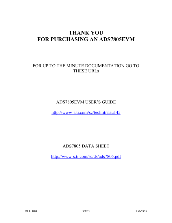 Texas Instruments - ADS7805EVM - Readme Page - Thank You Letter - Page 1