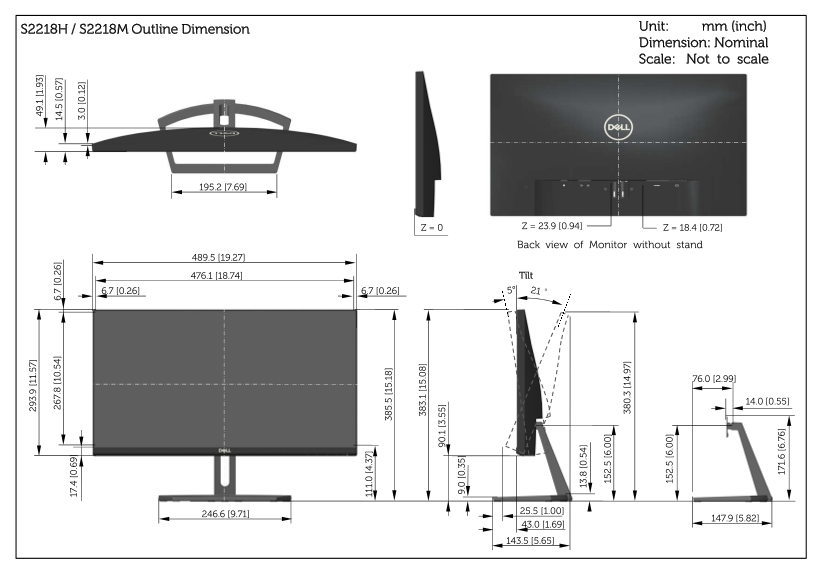 Dell S2318H/S2318HX Contour Diagram User's Manual - Page 1