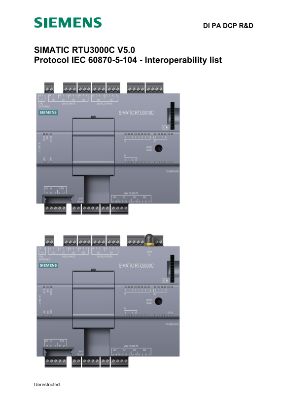 Siemens SIMATIC RTU3000C V5.0 - IEC 60870-5-104 Protocol, V5.0 interoperability list for SIMATIC RTU3000C V5.0 - Page 1