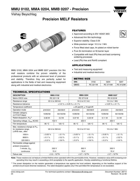 Vishay MMU 0102, MMA 0204, MMB 0207 - Precision Owner's Manual, User Guide - Page 1