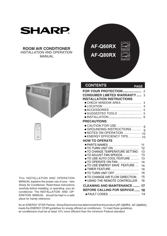 SHARP Room Air Conditioner Operation Manuals - Page 1